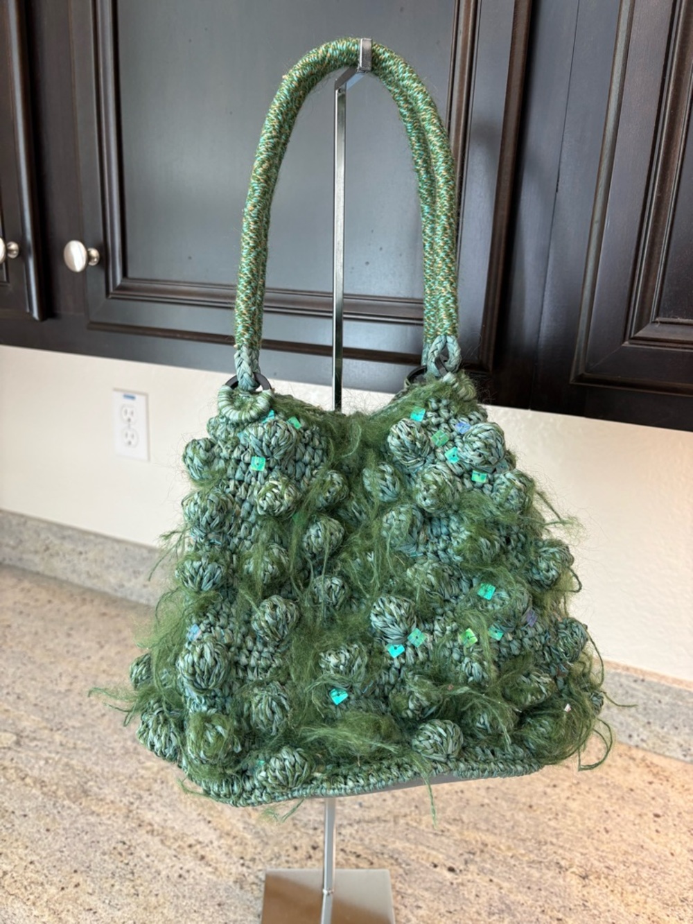 Hand-Knit Green Textured Shoulder Bag with Sequin Accents